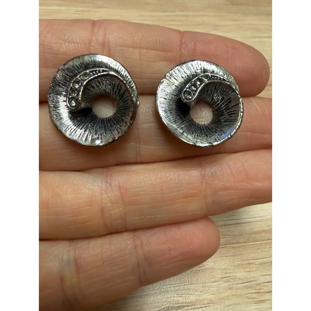 Vintage Silver Tone Textured Swirl Rhinestone Stud Earrings Round Modernist